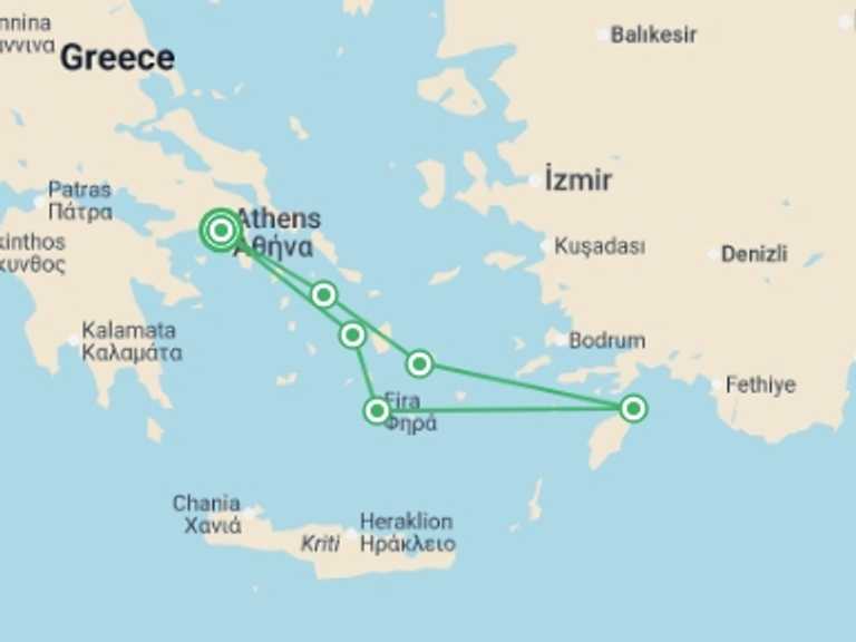Map of Rhodes Tour with 7 destination visits for the trip: The Mysterious Cyclades and Dodecanese Islands in the Aegean Sea (port-to-port cruise)