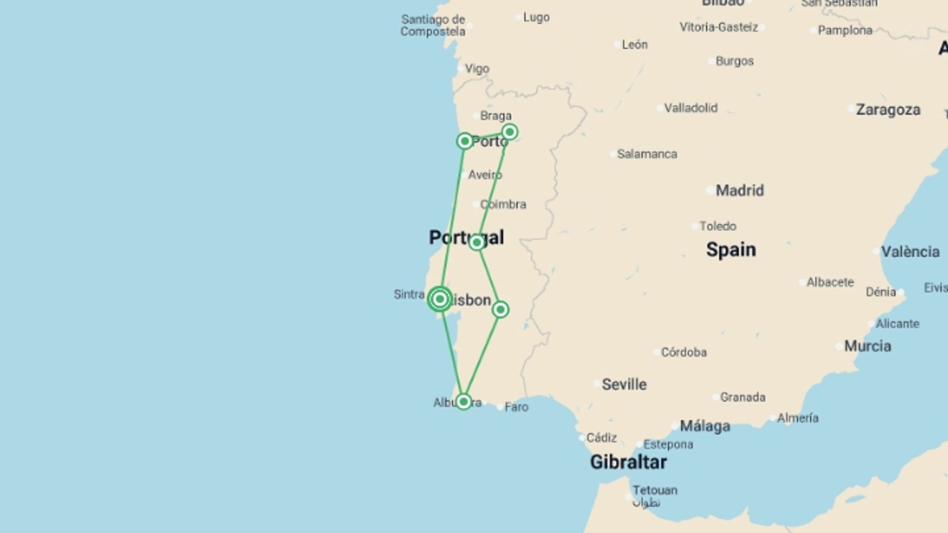 A map showing the tour itinerary for the trip: Country Roads of Portugal - Small Group, starting in Lisbon, Portugal and ending in Lisbon, Portugal going through 5 other destinations.