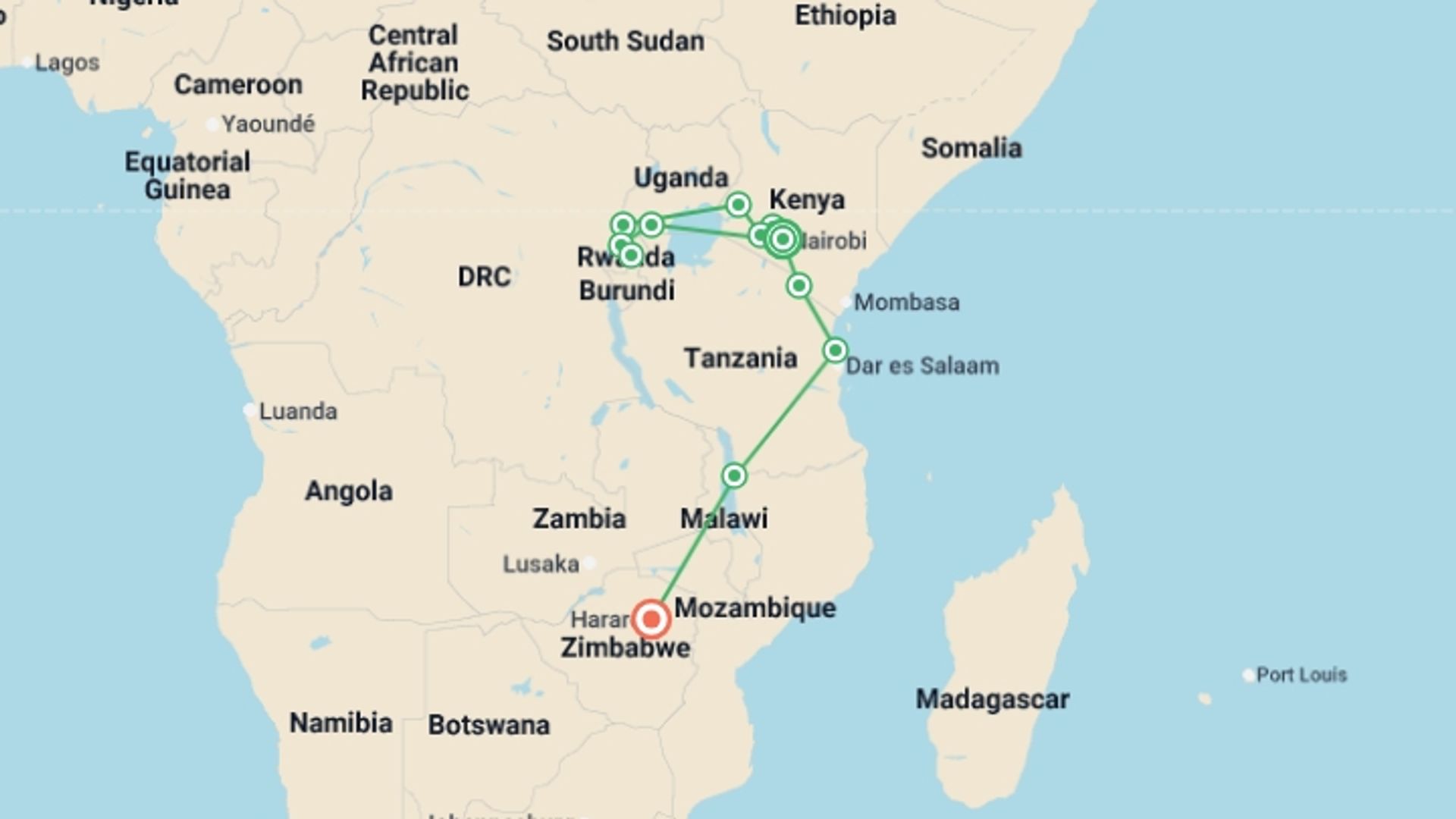 A map showing the tour itinerary for the trip: Nairobi To Harare (44 Days) Apes & Lakes, starting in Nairobi, Kenya and ending in Harare, Zimbabwe going through 9 other destinations.