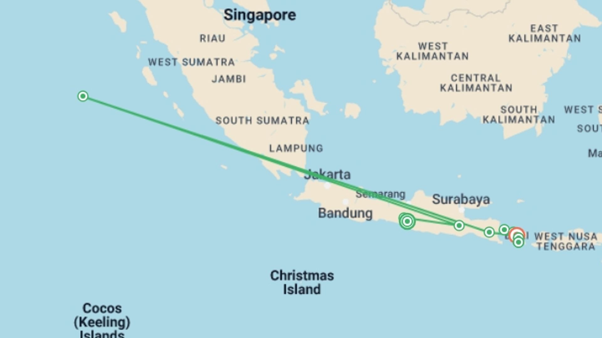 A map showing the tour itinerary for the trip: Exotic Java and Bali, starting in Yogyakarta, Indonesia and ending in Bali, Indonesia going through 8 other destinations.