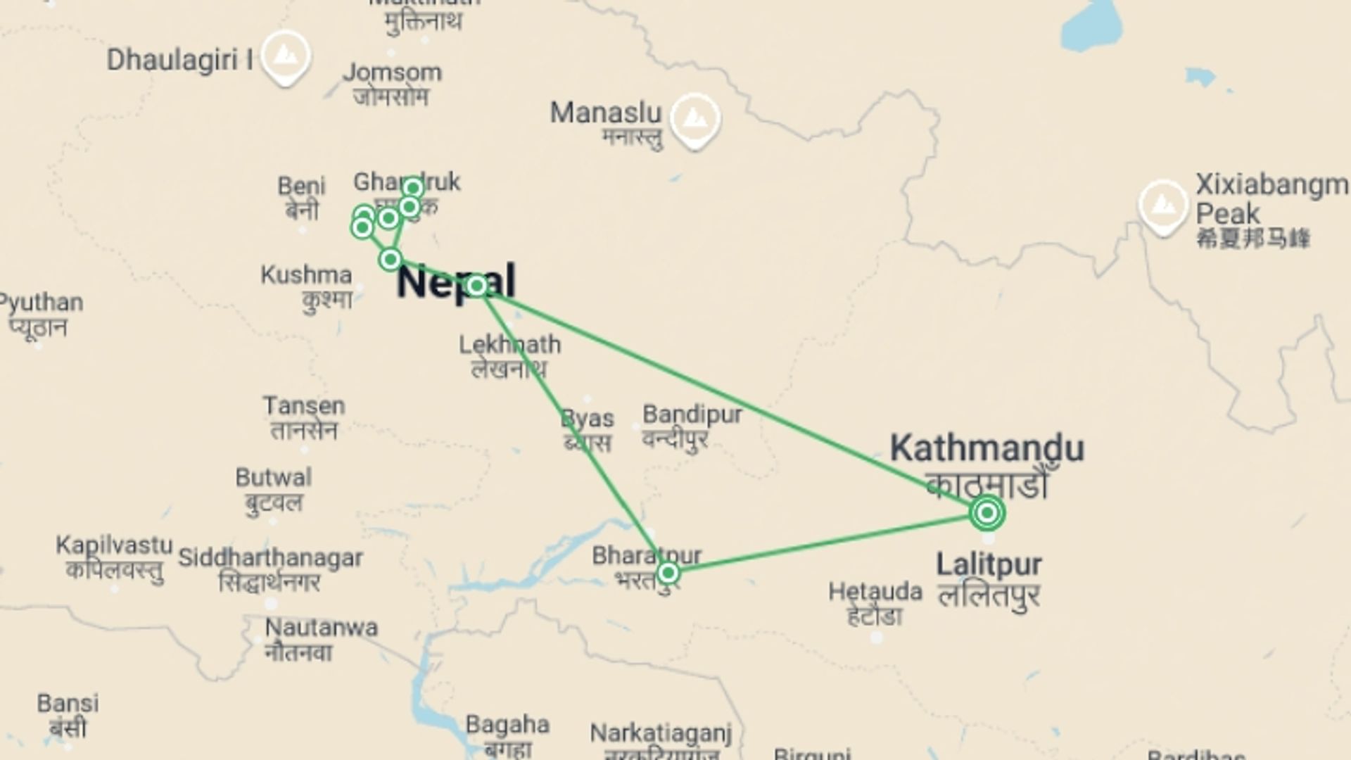 A map showing the tour itinerary for the trip: Annapurna Panorama - 13 days, starting in Kathmandu, Nepal and ending in Kathmandu, Nepal going through 8 other destinations.