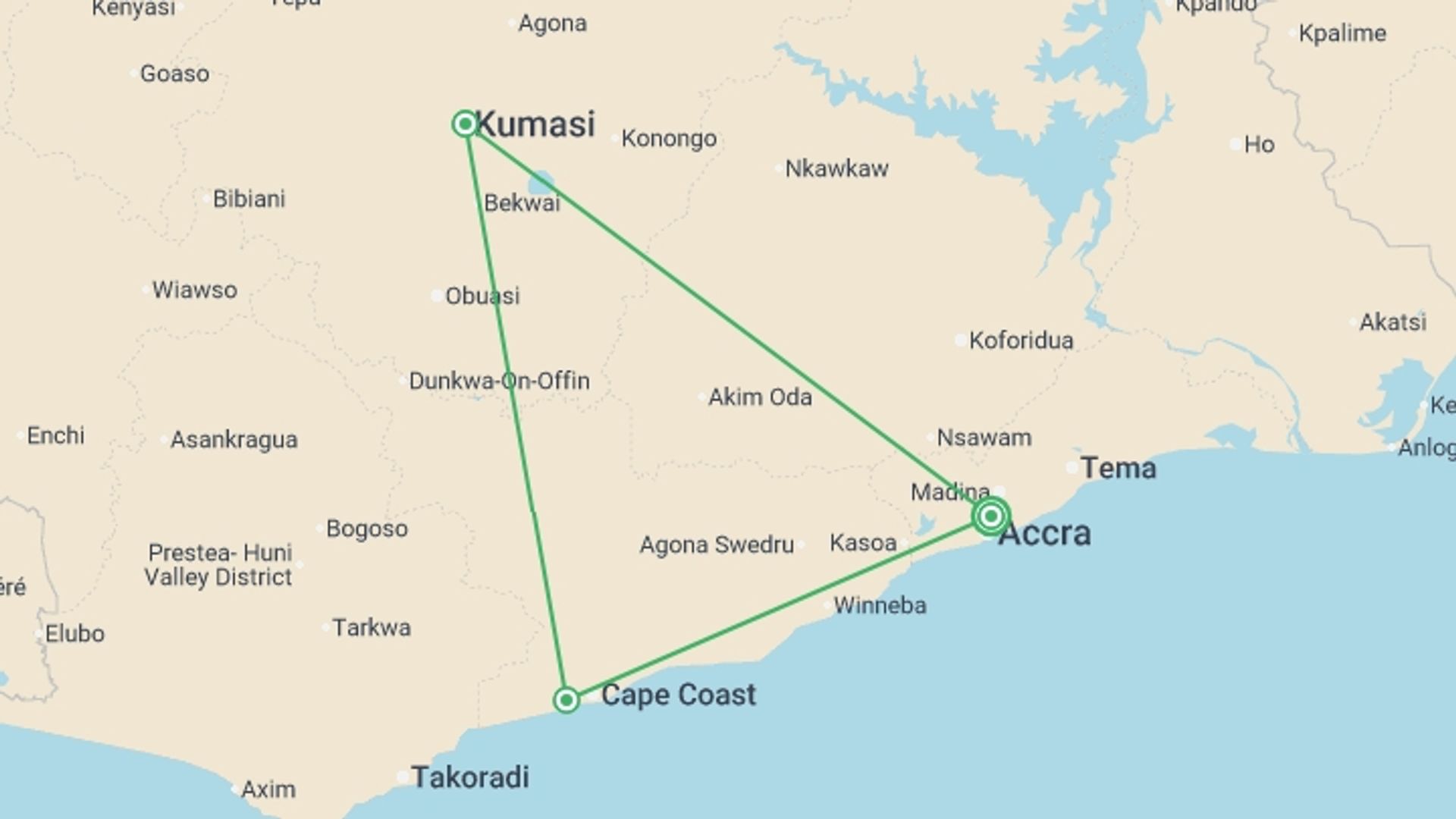 A map showing the tour itinerary for the trip: Best of Ghana - 8 days, starting in Accra, Ghana and ending in Accra, Ghana going through 2 other destinations.