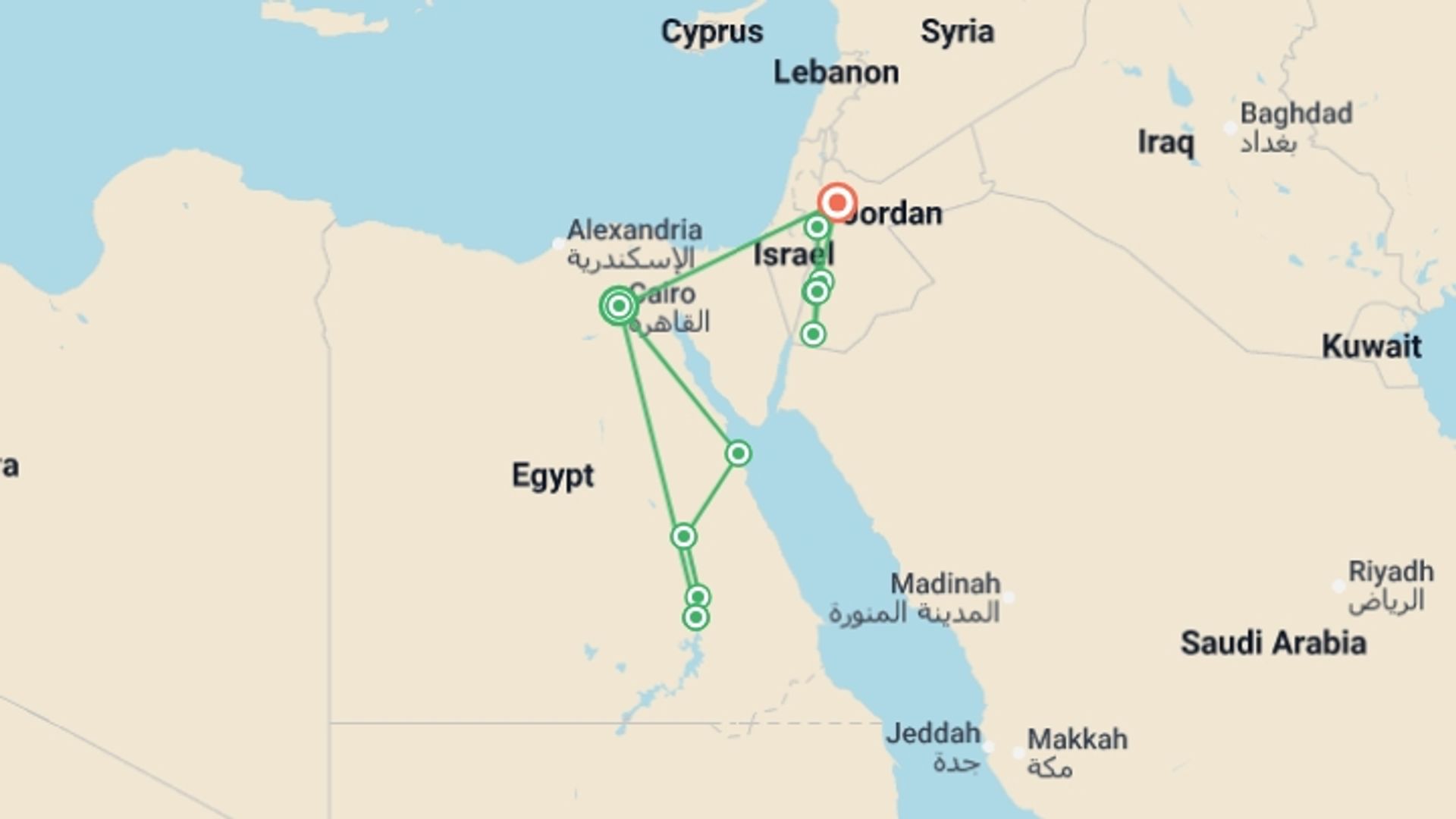 A map showing the tour itinerary for the trip: Budget Egypt, Red Sea & Jordan - 15 days, starting in Cairo, Egypt and ending in Amman, Jordan going through 6 other destinations.