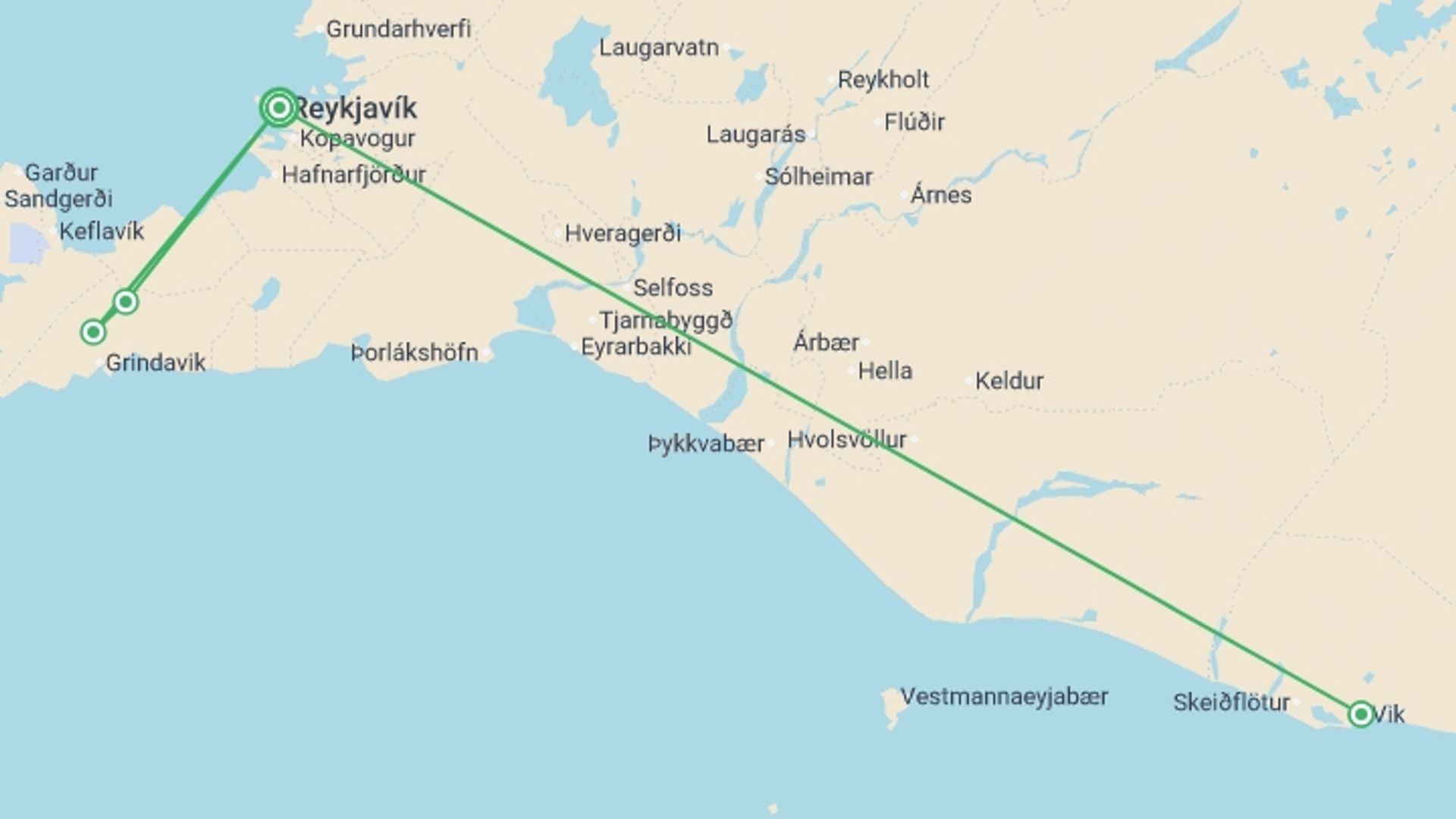 A map showing the tour itinerary for the trip: South Iceland and Reykjavik Solar Eclipse Tour, starting in Reykjavik, Iceland and ending in Reykjavik, Iceland going through 1 other destinations.