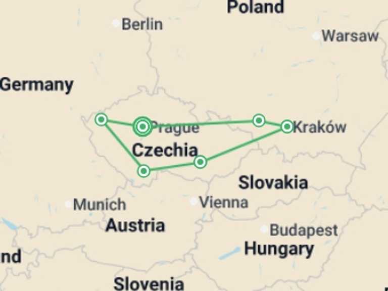 Map itinerary of Europe Tour in June 2026 with 6 destination visits for the trip: Czech Pearls and Heart of Poland