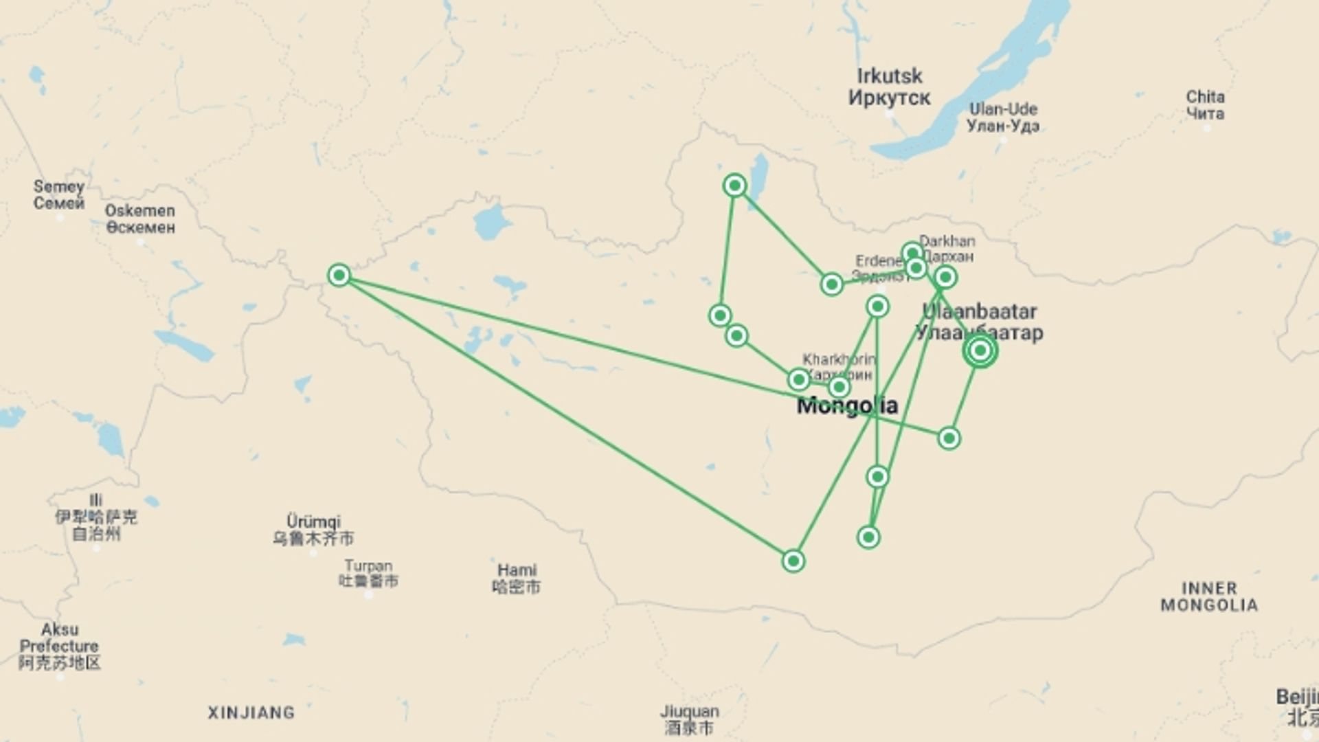 A map showing the tour itinerary for the trip: Explore Mongolia, starting in Ulaanbaatar, Mongolia and ending in Ulaanbaatar, Mongolia going through 4 other destinations.