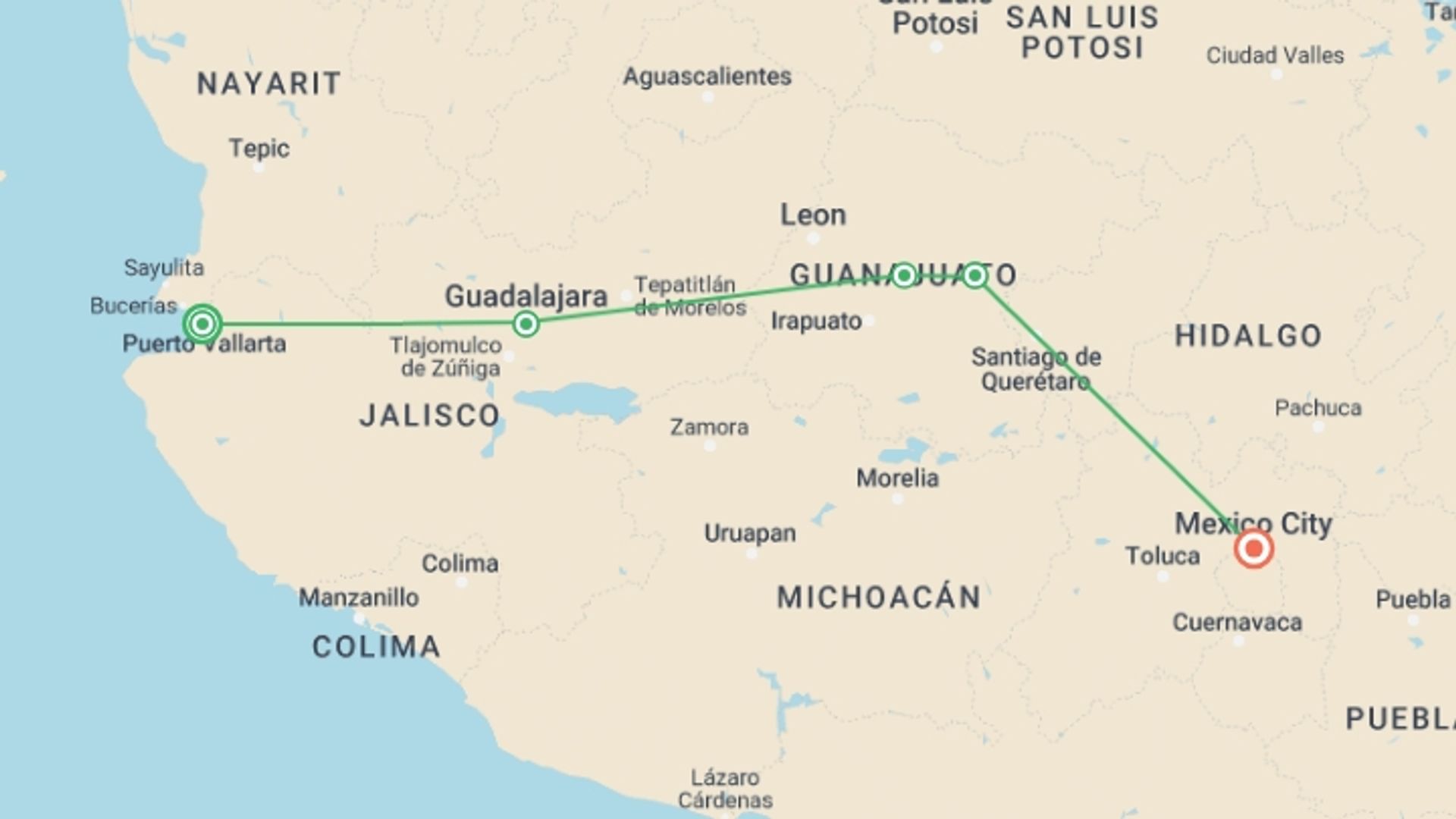 A map showing the tour itinerary for the trip: Essential Central Mexico, starting in Puerto Vallarta, Mexico and ending in Mexico City, Mexico going through 3 other destinations.