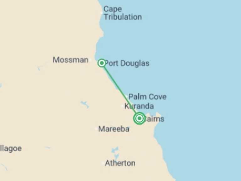 Map of Cairns Explorer Tour with 2 destination visits for the trip: Best of Cairns, Great Barrier Reef & Daintree