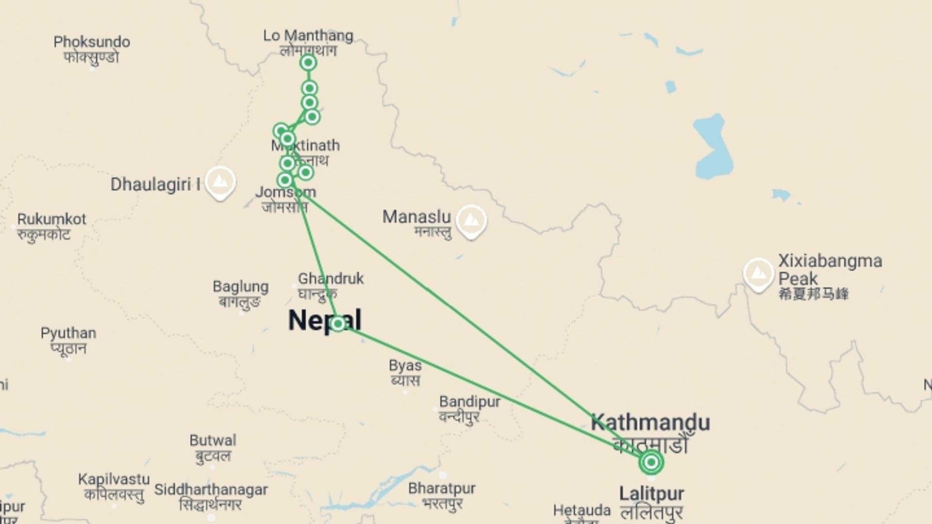 A map showing the tour itinerary for the trip: Upper Mustang Trek, starting in Kathmandu, Nepal and ending in Kathmandu, Nepal going through 12 other destinations.