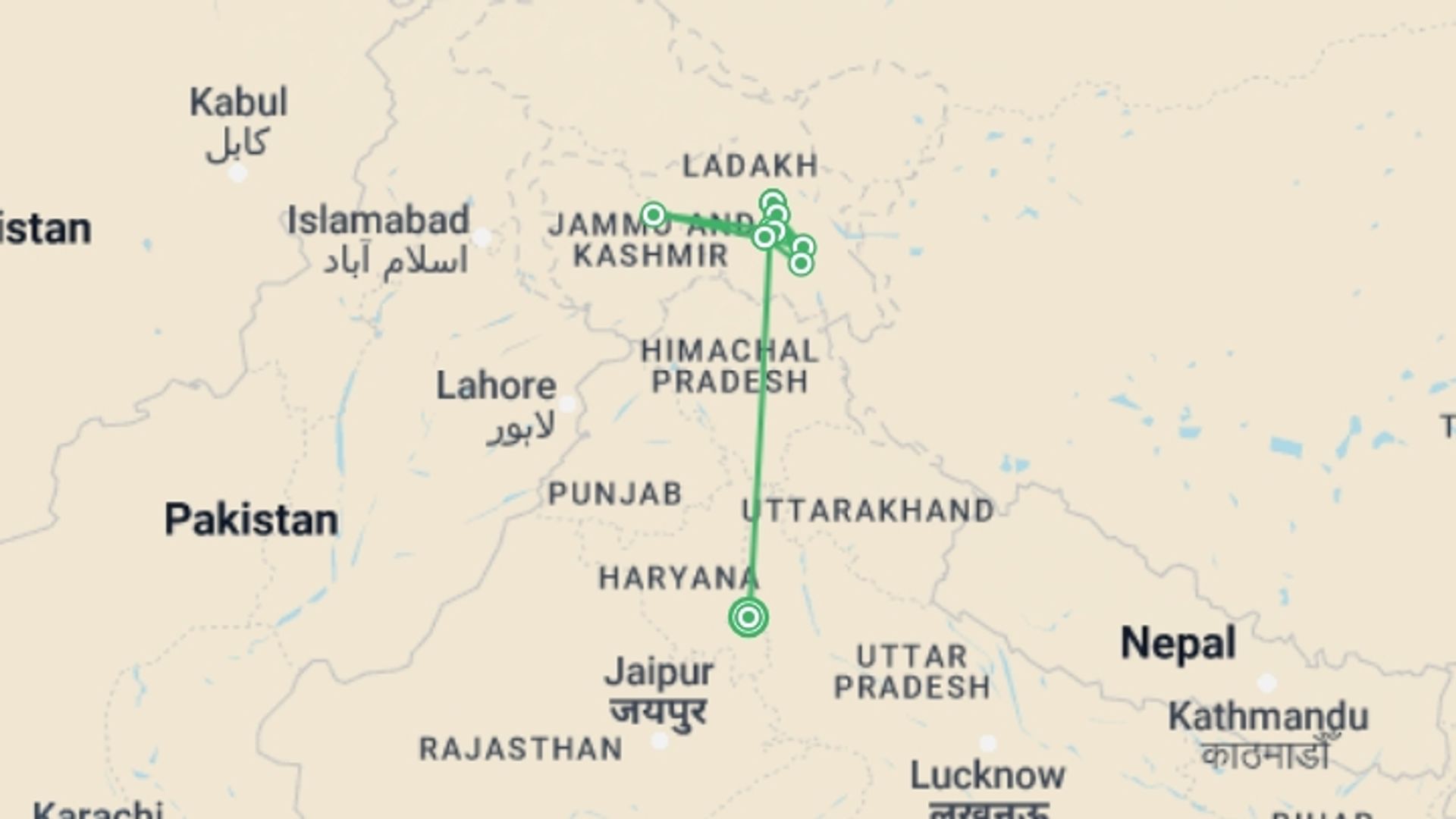 A map showing the tour itinerary for the trip: Ladakh High Trails, starting in New Delhi, India and ending in New Delhi, India going through 8 other destinations.