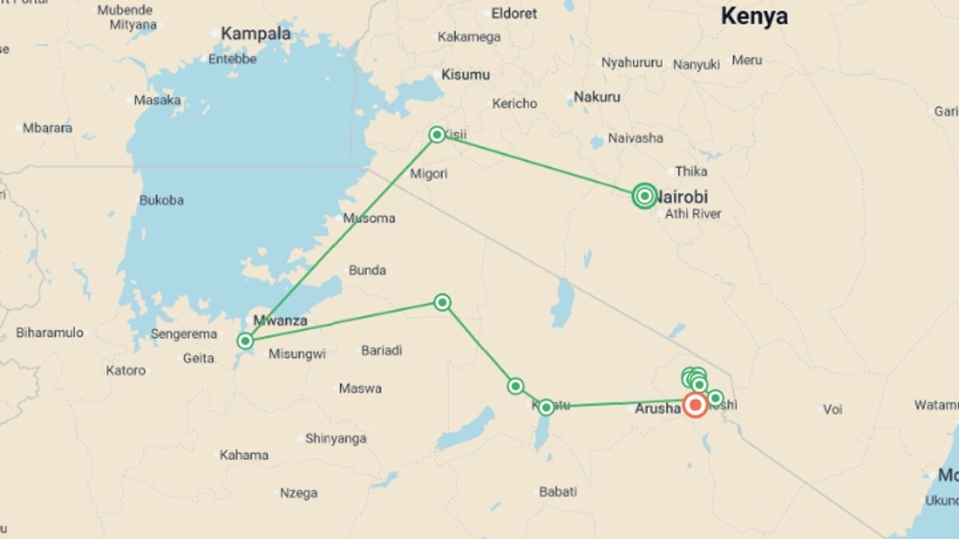 A map showing the tour itinerary for the trip: Safari to Kilimanjaro - Machame Route, starting in Nairobi, Kenya and ending in Moshi, Tanzania going through 13 other destinations.