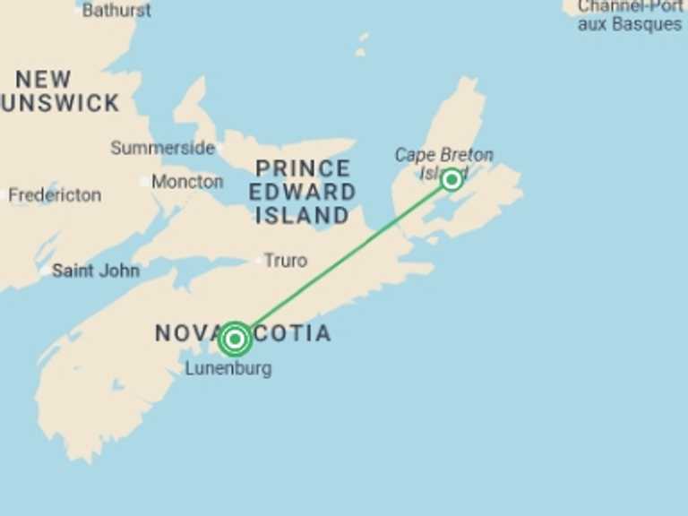 Map itinerary of Canada Tour in October 2026 with 2 destination visits for the trip: Halifax & Cape Breton Island - 6 days