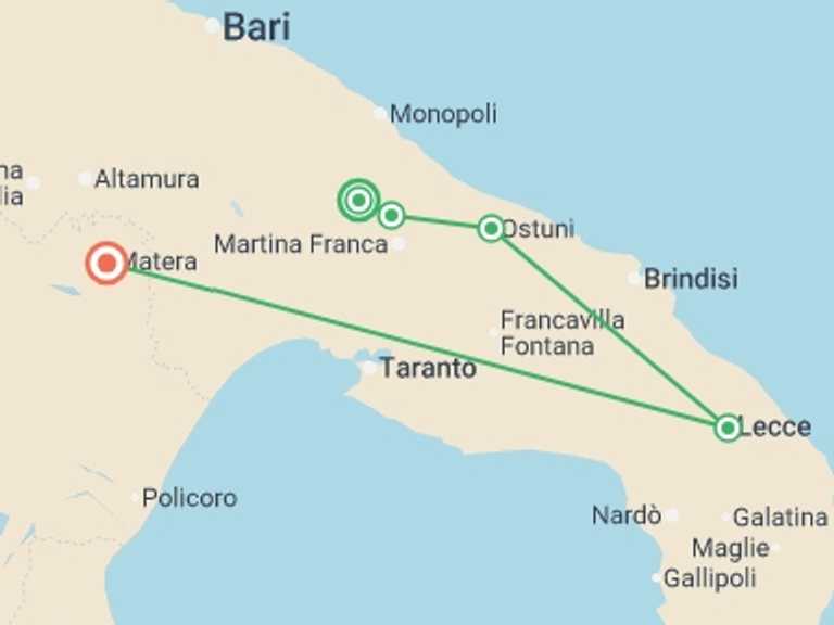 Map itinerary of Italy Tour in June 2026 with 5 destination visits for the trip: Walking in Puglia & Matera