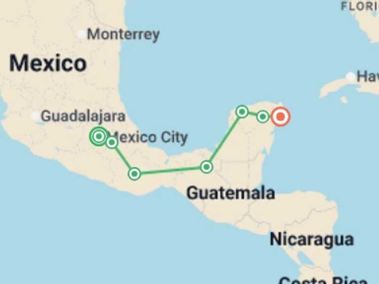 Map of Mexico Tour with 7 destination visits for the trip: Classic Mexico Adventure