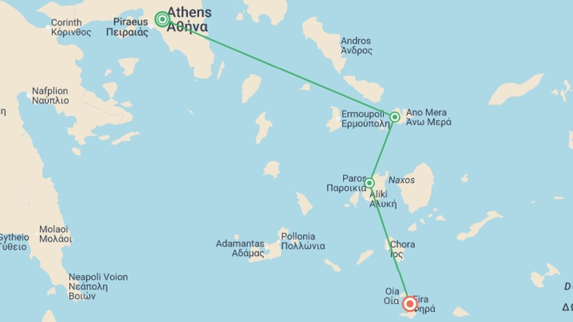 A map showing the tour itinerary for the trip: Athens to Santorini Island Hopping Plus 35 to 45, starting in Athens, Greece and ending in Santorini, Greece going through 2 other destinations.