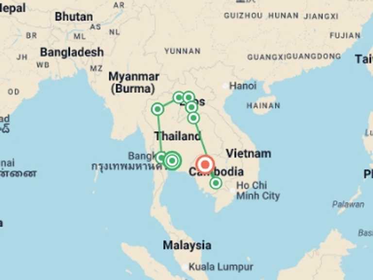Map itinerary of Asia Tour in March 2026 with 9 destination visits for the trip: Thailand, Laos and Cambodia Adventure