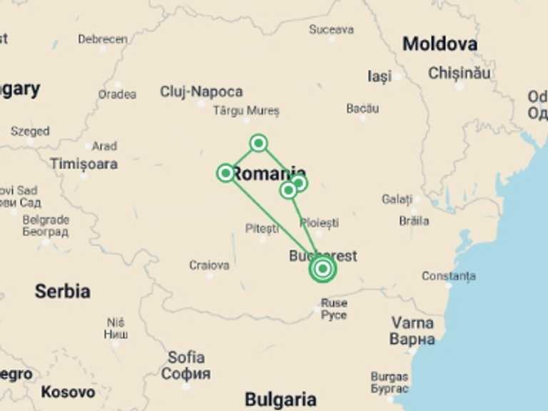 Map of Romania Tour with 5 destination visits for the trip: Amazing Romania - Seven day private tour from Bucharest