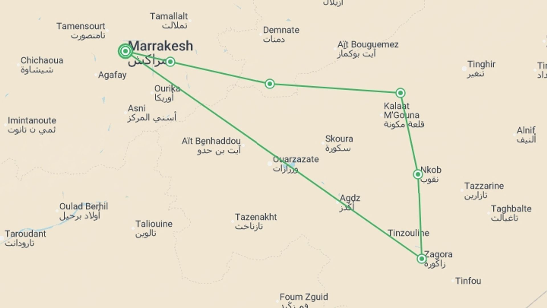 A map showing the tour itinerary for the trip: Morocco Gravel Bike Caravan, starting in Marrakech, Morocco and ending in Marrakech, Morocco going through 6 other destinations.