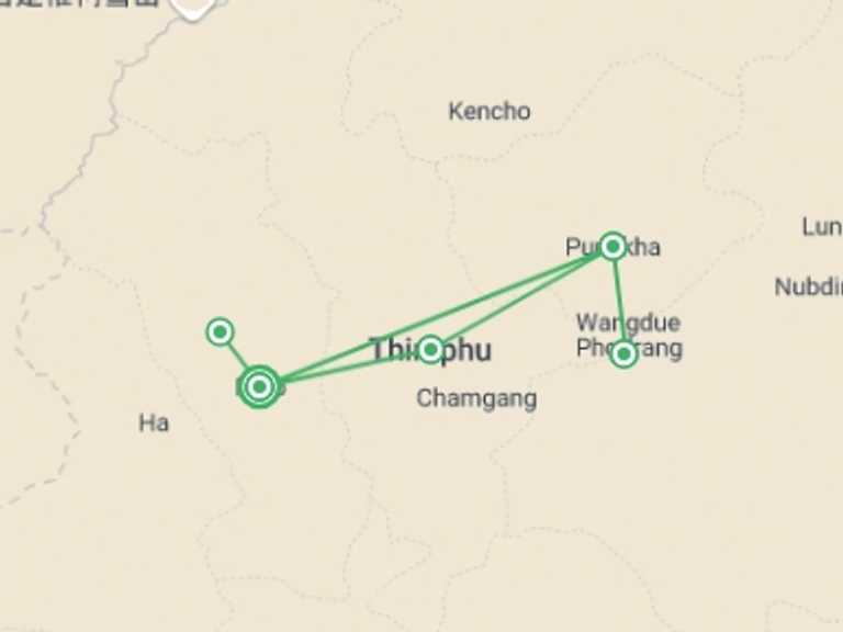 Map itinerary of Thimphu Tour in June 2026 with 4 destination visits for the trip: Bhutan, 8 Days Tour (on Request)