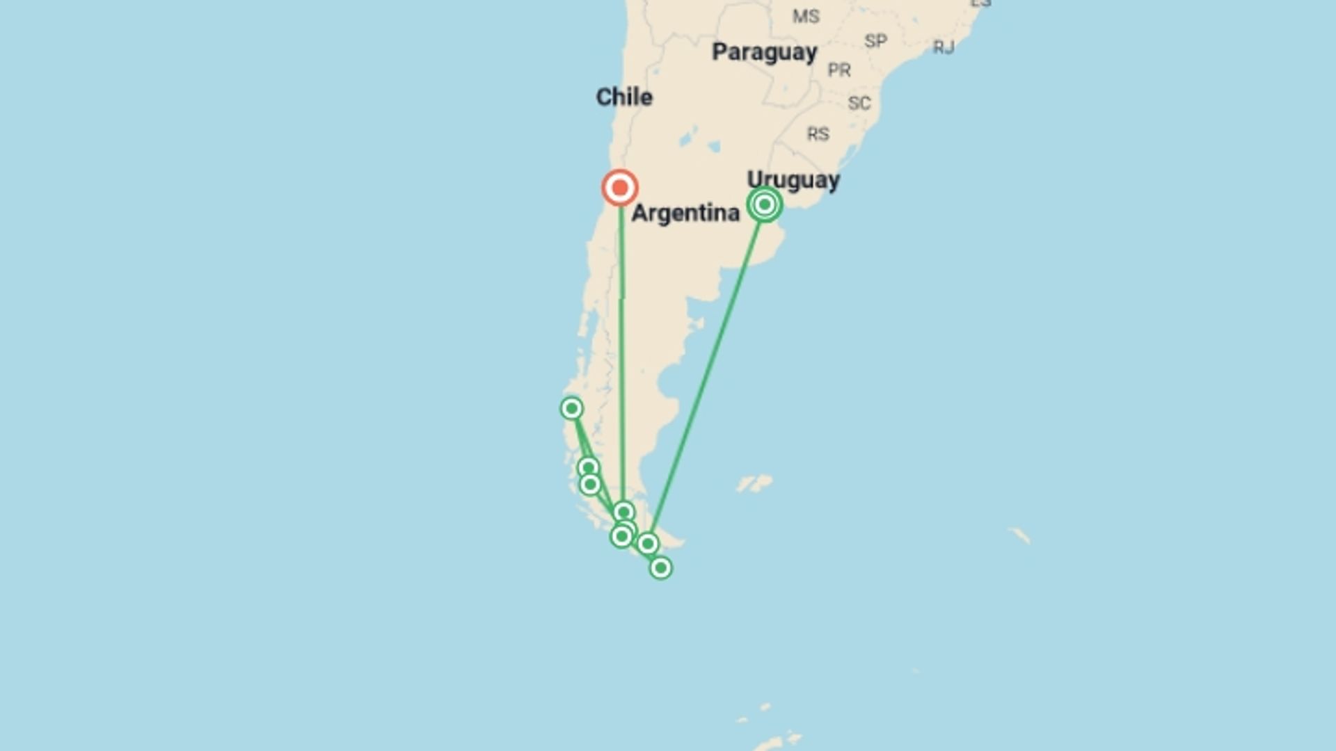 A map showing the tour itinerary for the trip: Essential Patagonia: Chilean Fjords and Torres del Paine, starting in Buenos Aires, Argentina and ending in Santiago, Chile going through 10 other destinations.