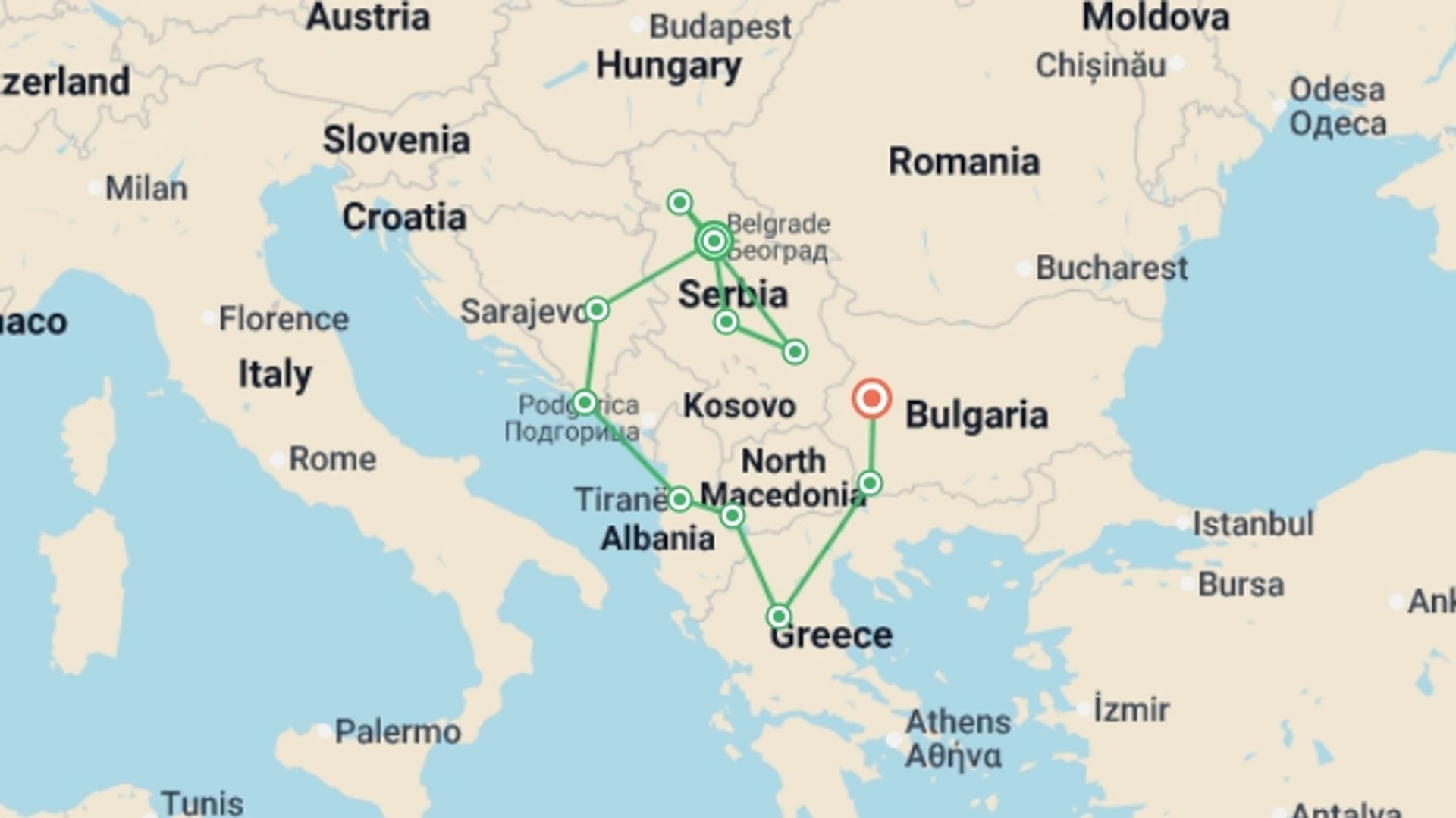 A map showing the tour itinerary for the trip: Jewels of Serbia and the Balkans, starting in Belgrade, Serbia and ending in Sofia, Bulgaria going through 9 other destinations.
