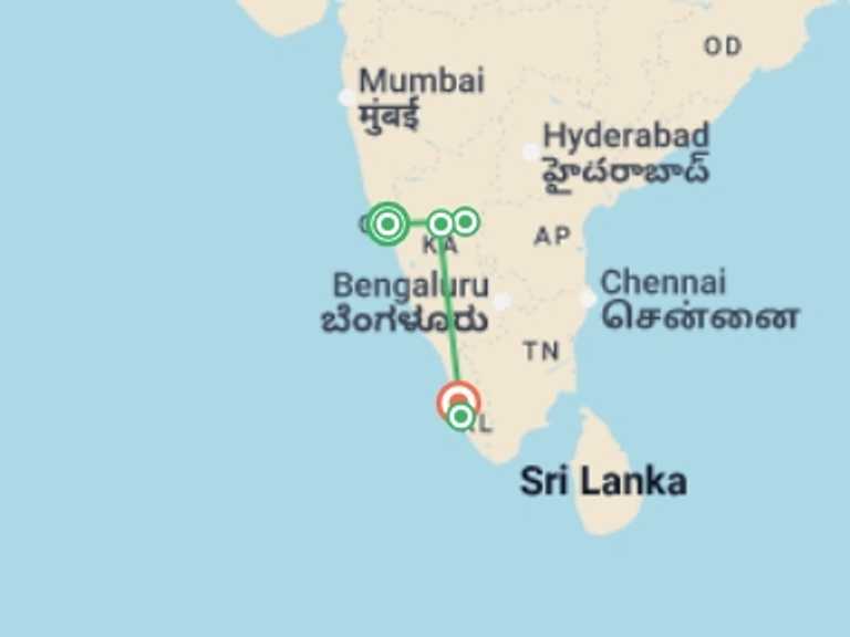 Map itinerary of India Tour in Spring with 5 destination visits for the trip: South India Highlights