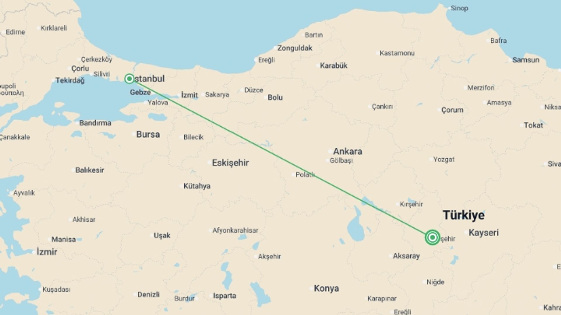 A map showing the tour itinerary for the trip: Mini Stay Cappadocia - 3 days, starting in Cappadocia, Turkey and ending in Cappadocia, Turkey going through 1 other destinations.