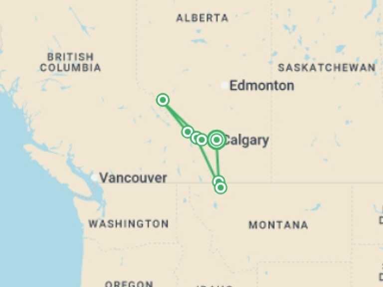 Map of 9-Day Canada Tour with 7 destination visits for the trip: Secrets of the Rockies and Glacier National Park