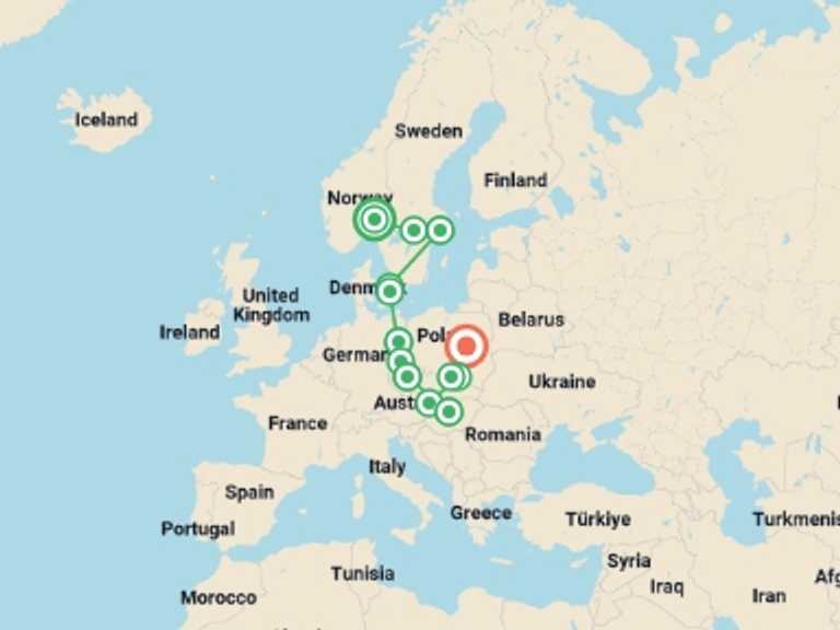 Map of Northern Europe Tour with 8 destination visits for the trip: Scandinavian and Eastern Europe