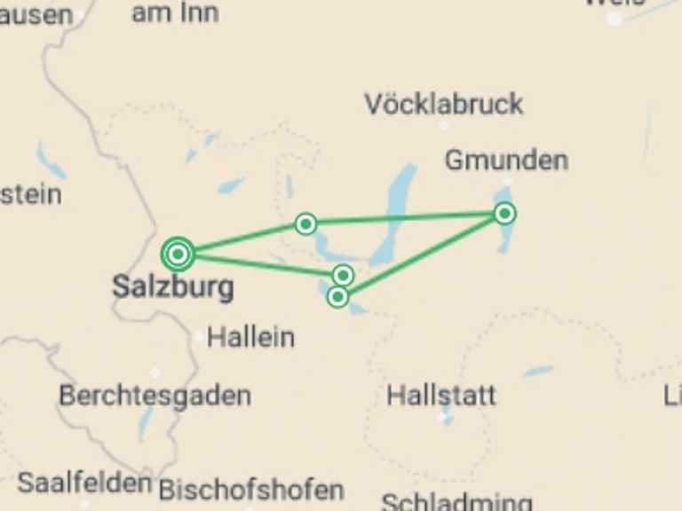 Map itinerary of Austria Tour in August 2026 with 5 destination visits for the trip: Austria's Ten Lakes Cycle in Comfort