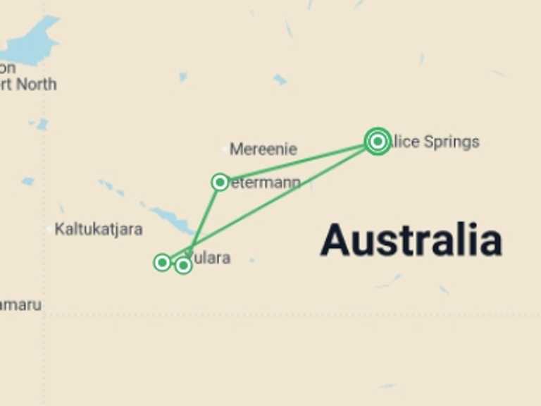 Map itinerary of Alice Springs Tour in Spring with 4 destination visits for the trip: Outback Contrasts
