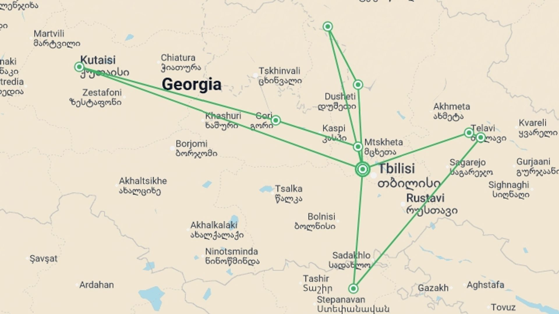 A map showing the tour itinerary for the trip: Georgia Explorer - 8 days, starting in Tbilisi, Georgia and ending in Tbilisi, Georgia going through 2 other destinations.