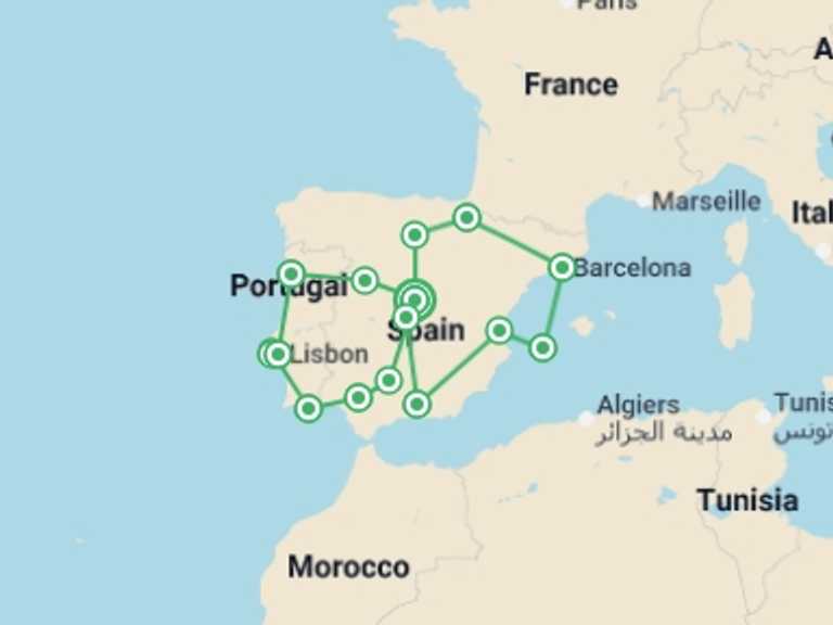 Map of Mediterranean Tour with 12 destination visits for the trip: Spain and Portugal Uncovered