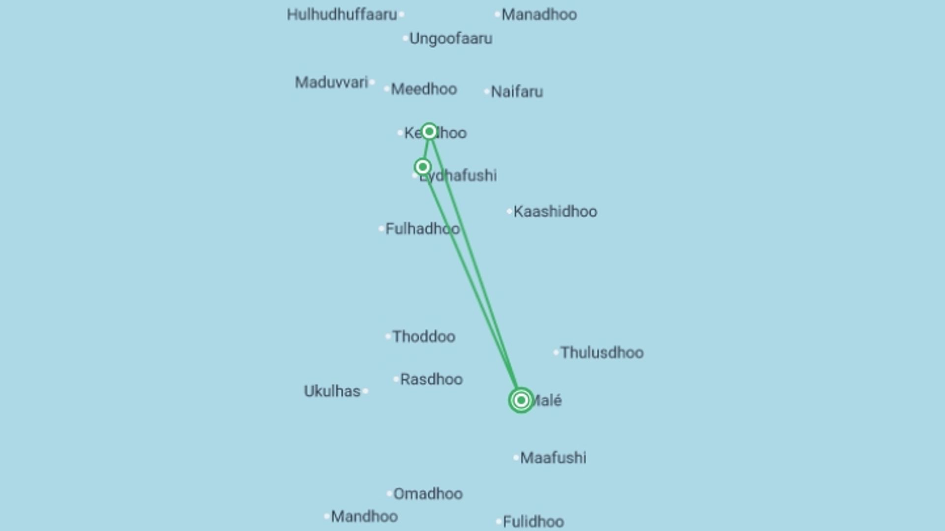 A map showing the tour itinerary for the trip: Maldives Baa Atoll Adventure - 8 days, starting in Male, Maldives and ending in Male, Maldives going through 2 other destinations.