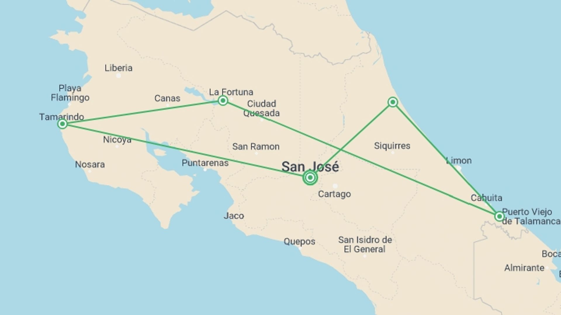 A map showing the tour itinerary for the trip: From The Atlantic To The Pacific, Self-drive, starting in San Jose, Costa Rica and ending in San Jose, Costa Rica going through 4 other destinations.