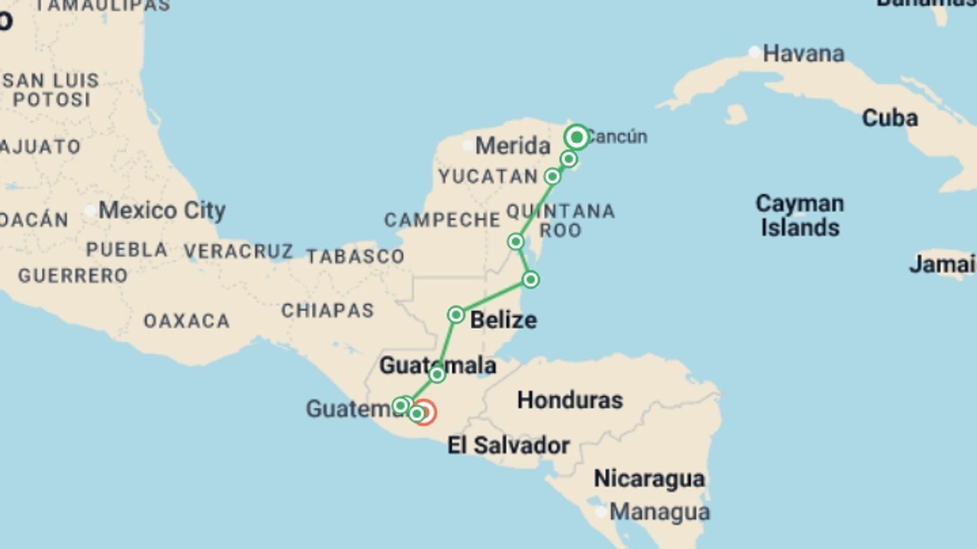 A map showing the tour itinerary for the trip: Mexico, Belize & Guatemala Adventure  - 18 days, starting in Cancún, Mexico and ending in Antigua, Guatemala going through 8 other destinations.