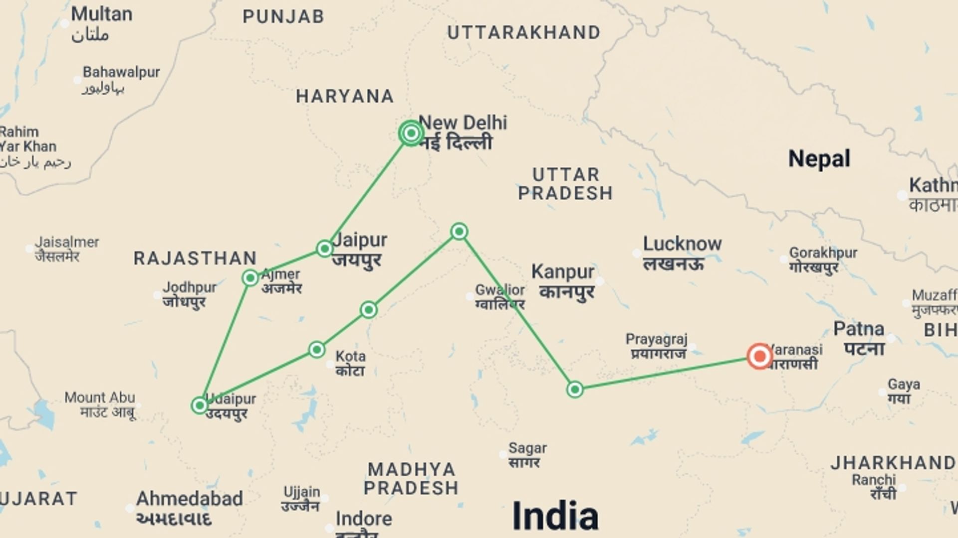 A map showing the tour itinerary for the trip: Epic North India Delhi to Varanasi - 16 days, starting in New Delhi, India and ending in Varanasi, India going through 7 other destinations.