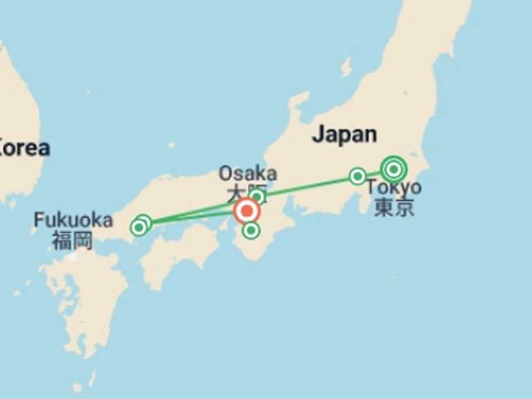 Map itinerary of Osaka Tour in November 2026 with 6 destination visits for the trip: Best of Japan with Koya-san 2026