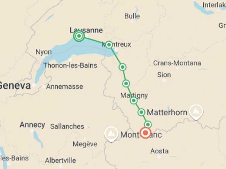 Map itinerary of Switzerland Tour in October 2026 with 8 destination visits for the trip: Via Francigena Switzerland: Lausanne to the Great St Bernard Pass