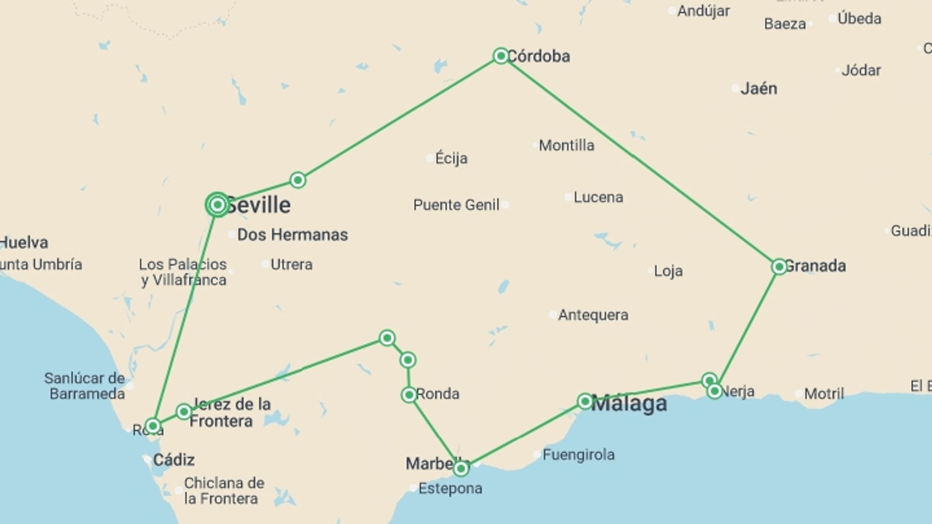 A map showing the tour itinerary for the trip: Andalusian Tradition, starting in Seville, Spain and ending in Seville, Spain going through 4 other destinations.