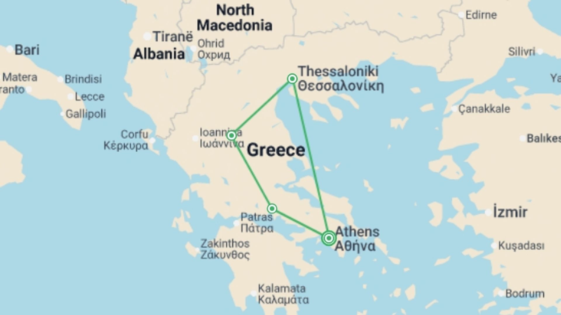 A map showing the tour itinerary for the trip: Mainland Greece Discovery, starting in Athens, Greece and ending in Athens, Greece going through 3 other destinations.