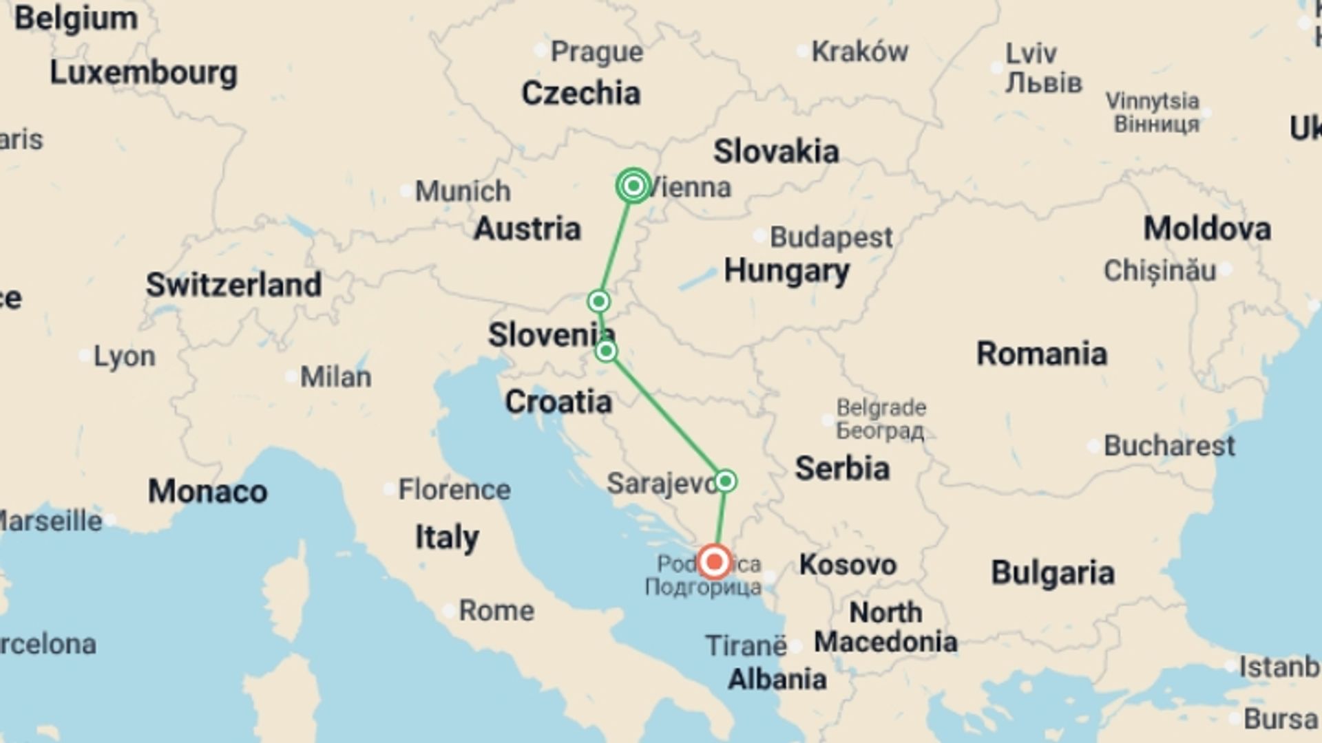 A map showing the tour itinerary for the trip: Solo Lite Vienna to Dubrovnik Adventure, starting in Vienna, Austria and ending in Dubrovnik, Croatia going through 4 other destinations.