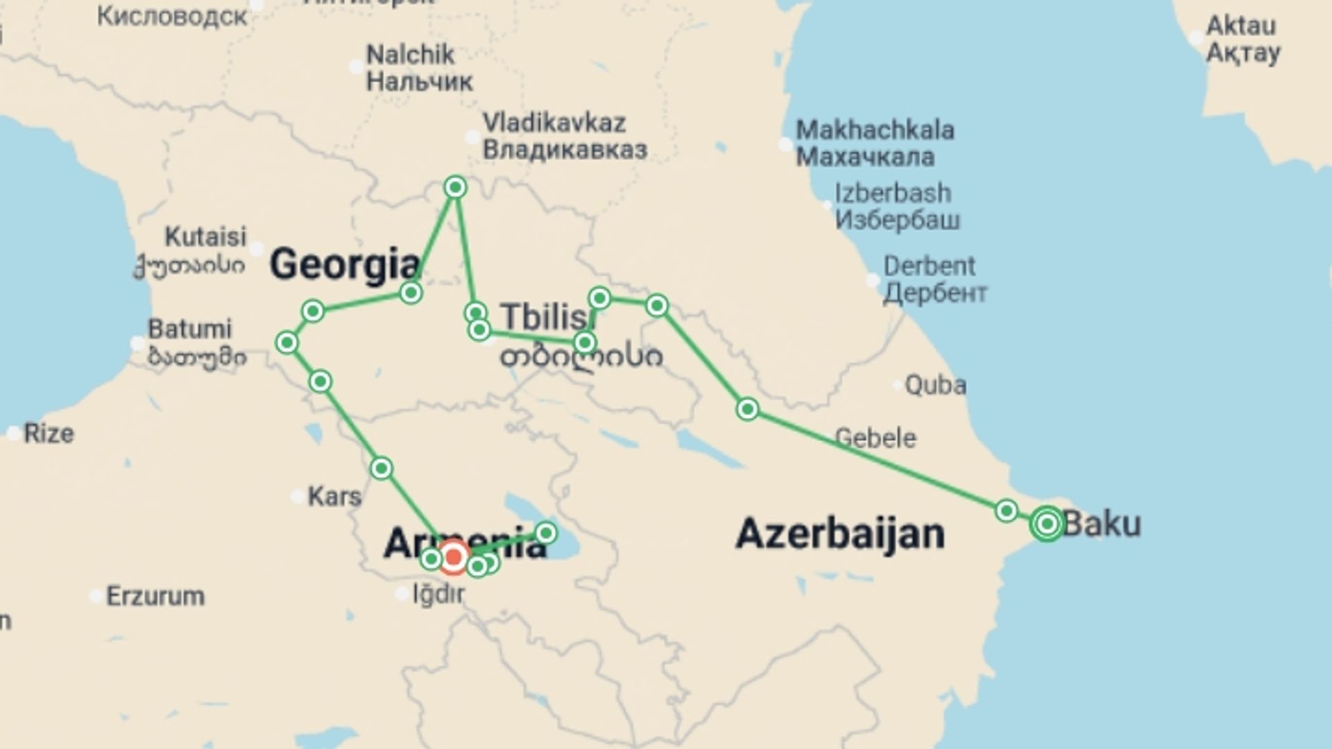 A map showing the tour itinerary for the trip: Azerbaijan, Georgia & Armenia Explorer, starting in Baku, Azerbaijan and ending in Yerevan, Armenia going through 0 other destinations.