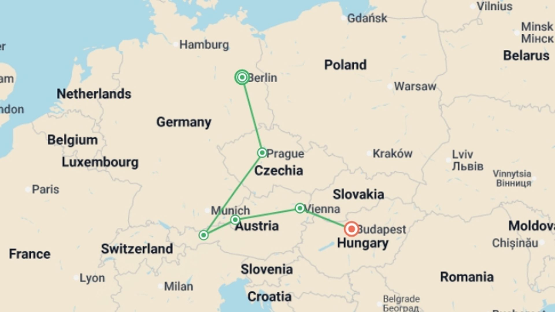 A map showing the tour itinerary for the trip: Berlin and Imperial Capitals, starting in Berlin, Germany and ending in Budapest, Hungary going through 4 other destinations.