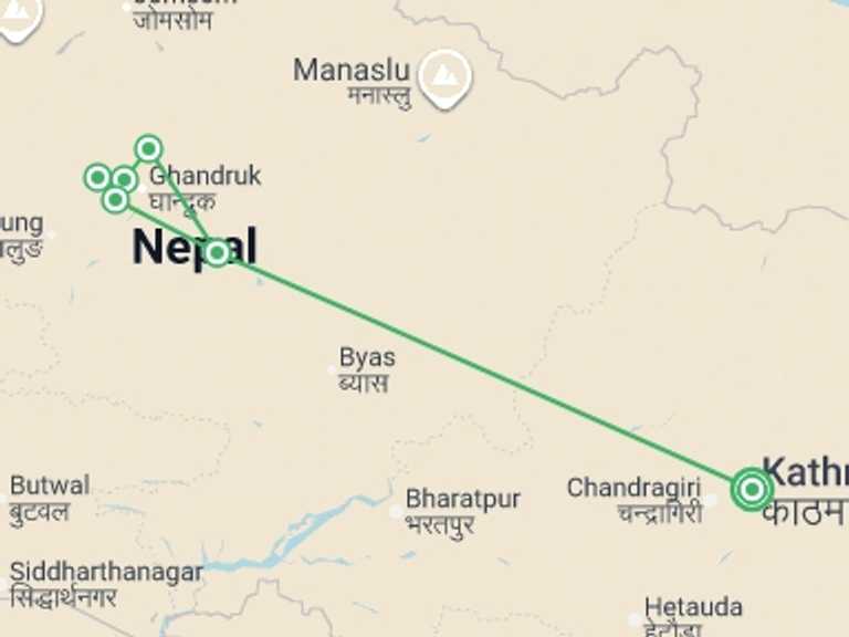 Map itinerary of Nepal Tour in Winter with 6 destination visits for the trip: Nepal Group Adventure: Hike the Himalayas Foothills