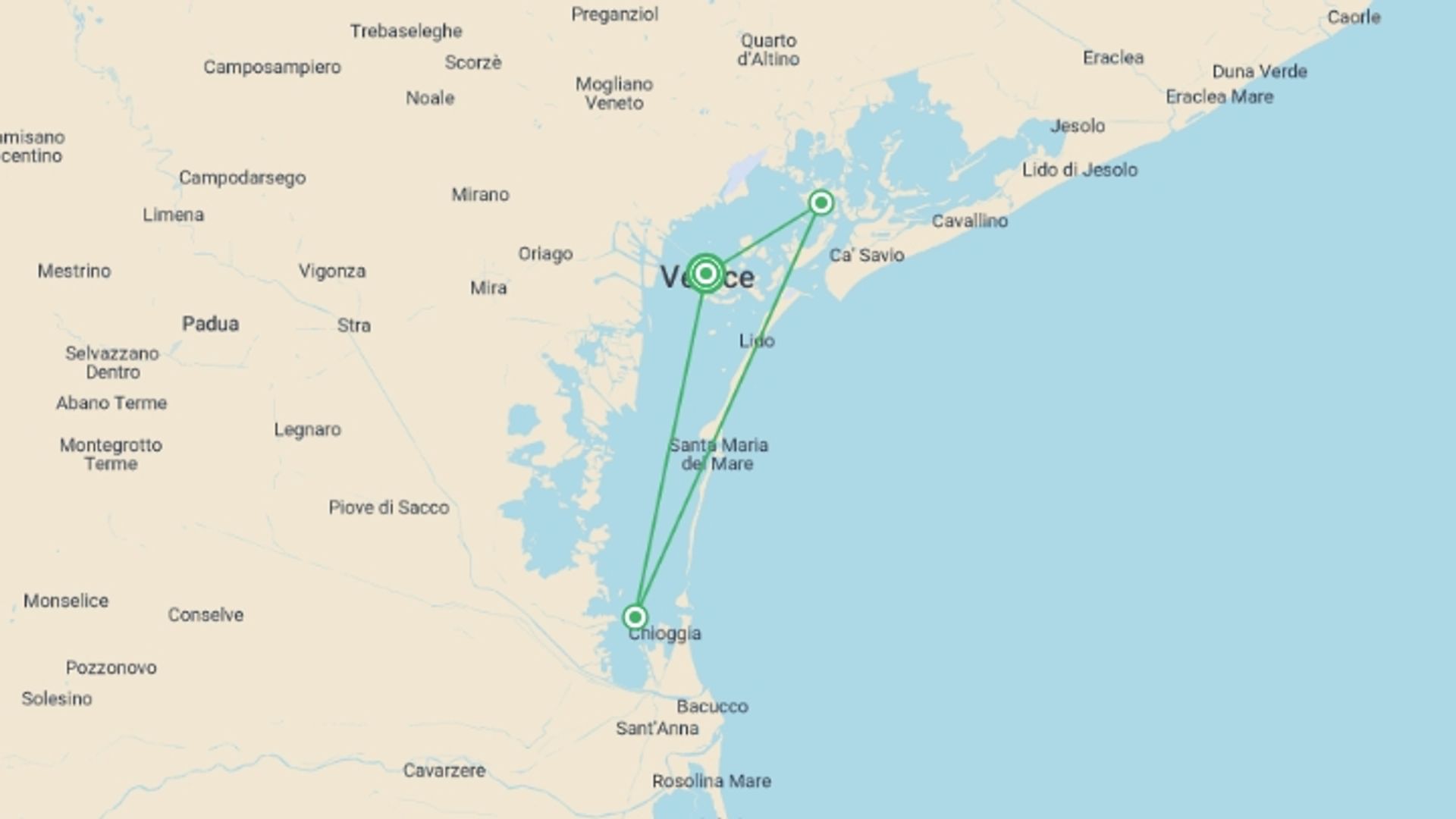 A map showing the tour itinerary for the trip: Venice, the epicenter of art, and its famous lagoon (port-to-port package), starting in Venice, Italy and ending in Venice, Italy going through 1 other destinations.