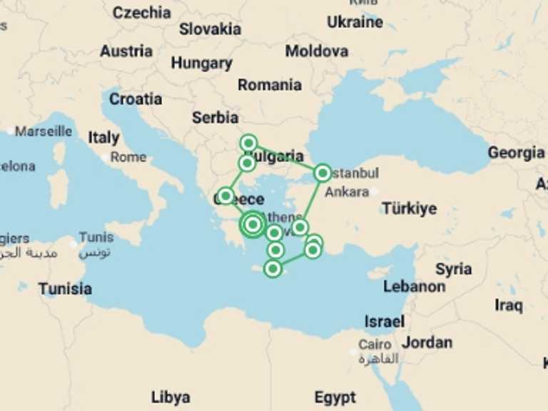 Map of a Adventure Tour with 11 destination visits for the trip: Great Southeast Europe