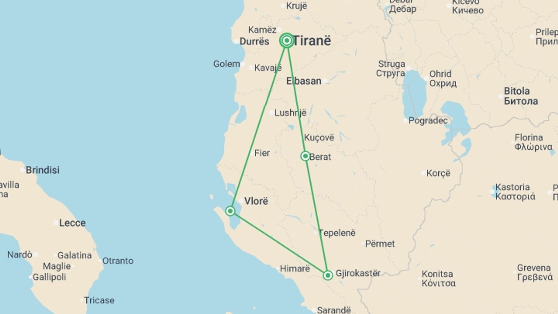 A map showing the tour itinerary for the trip: Heart of Albania, starting in Tirana, Albania and ending in Tirana, Albania going through 3 other destinations.
