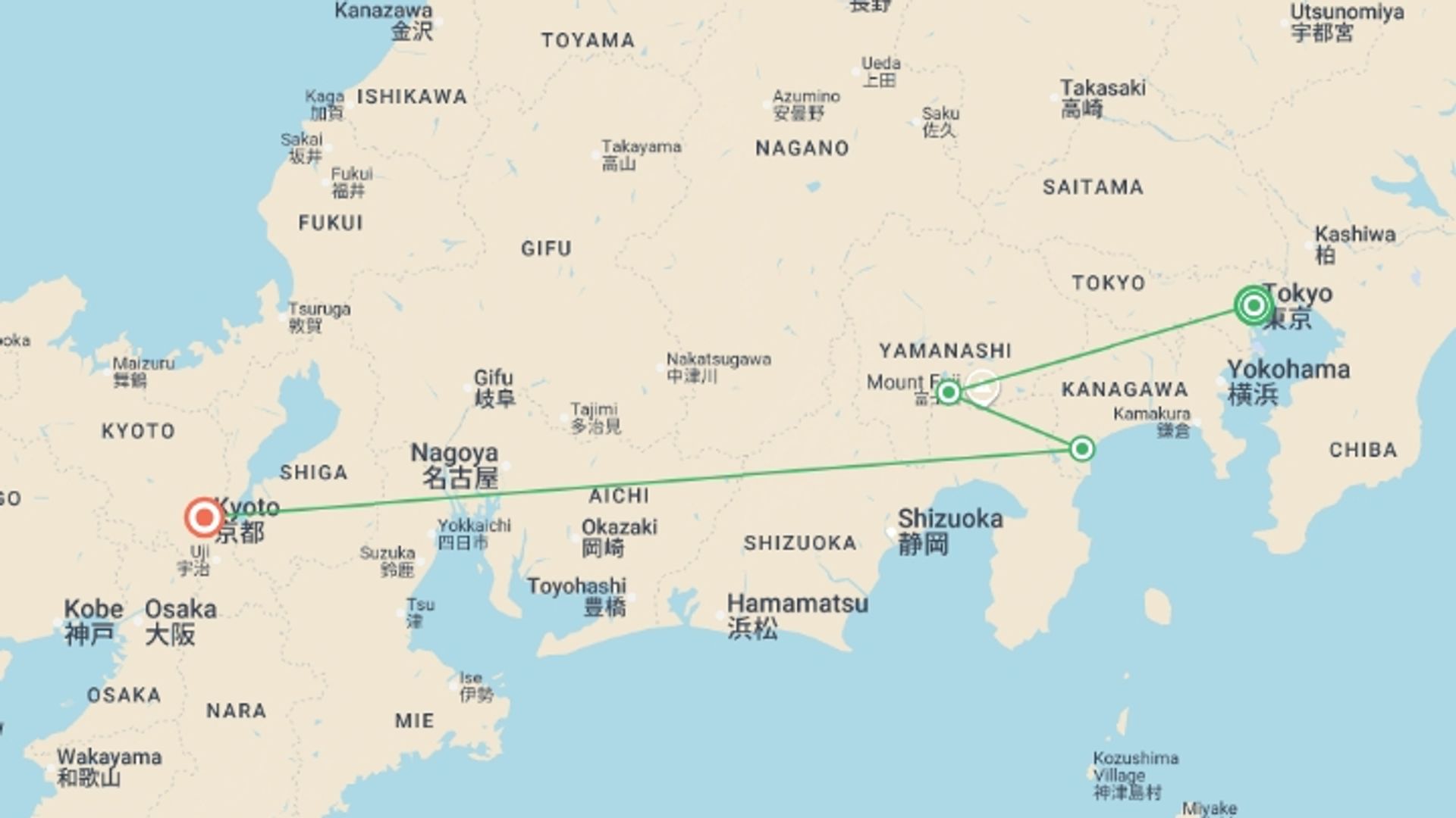 A map showing the tour itinerary for the trip: Luxury Japan Wellness Tour, starting in Tokyo, Japan and ending in Kyoto, Japan going through 1 other destinations.