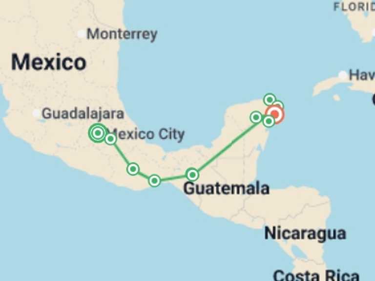 Map itinerary of North America Tour in June 2026 with 8 destination visits for the trip: Magic Mexico Adventure  - 14 days